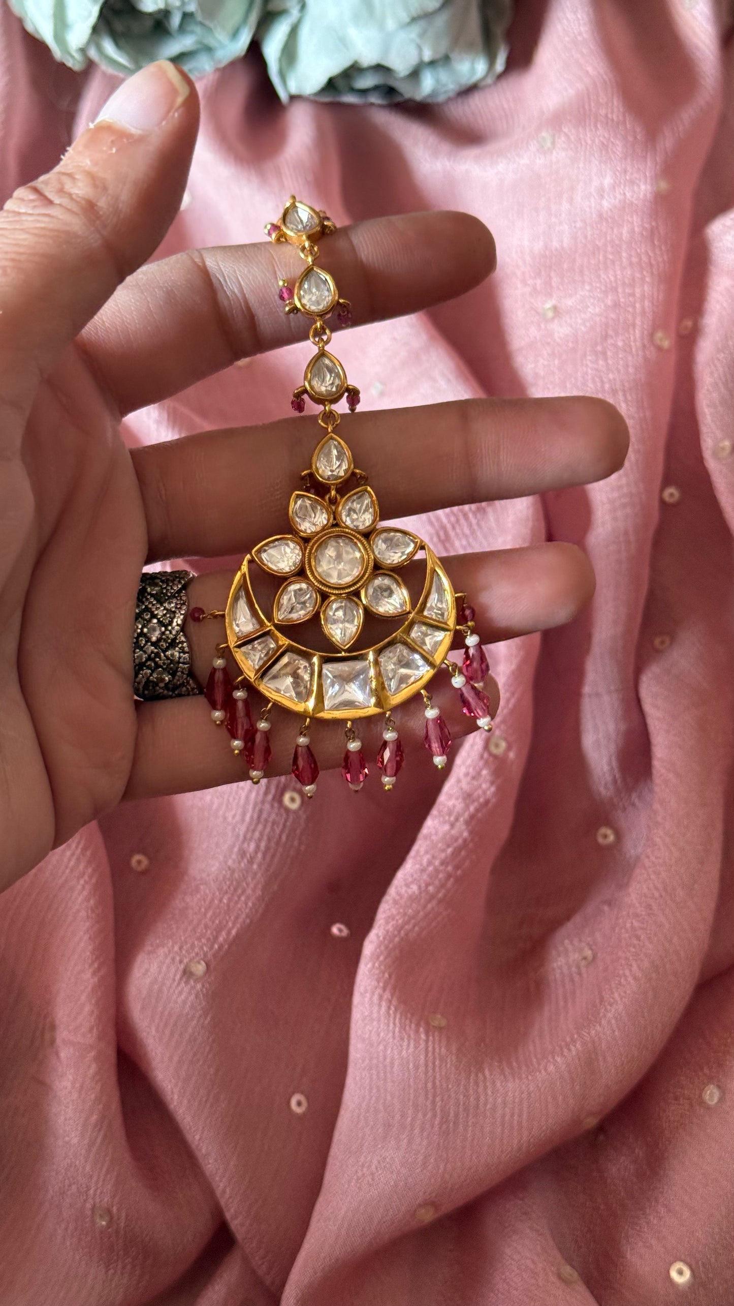 Chandbali maangtika with ruby drips