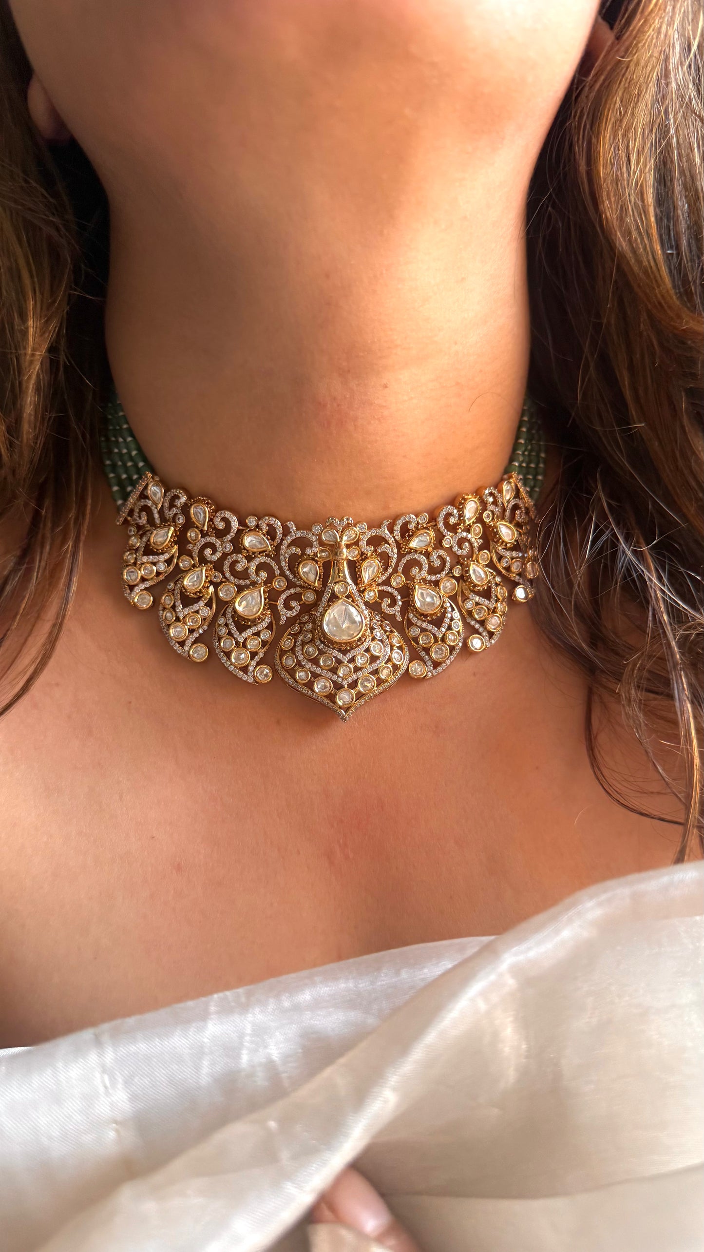 LV shade Polki designer choker with emerald string detailing