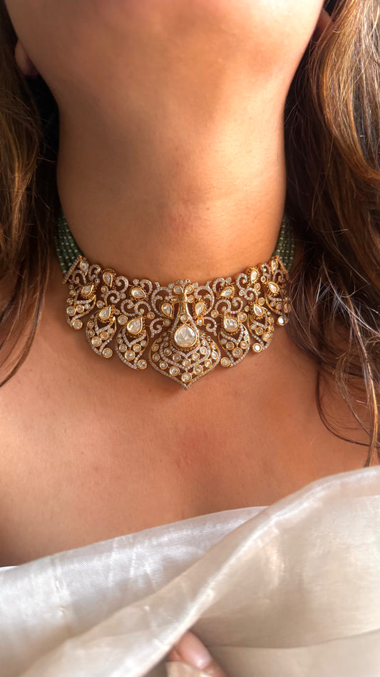 LV shade Polki designer choker with emerald string detailing