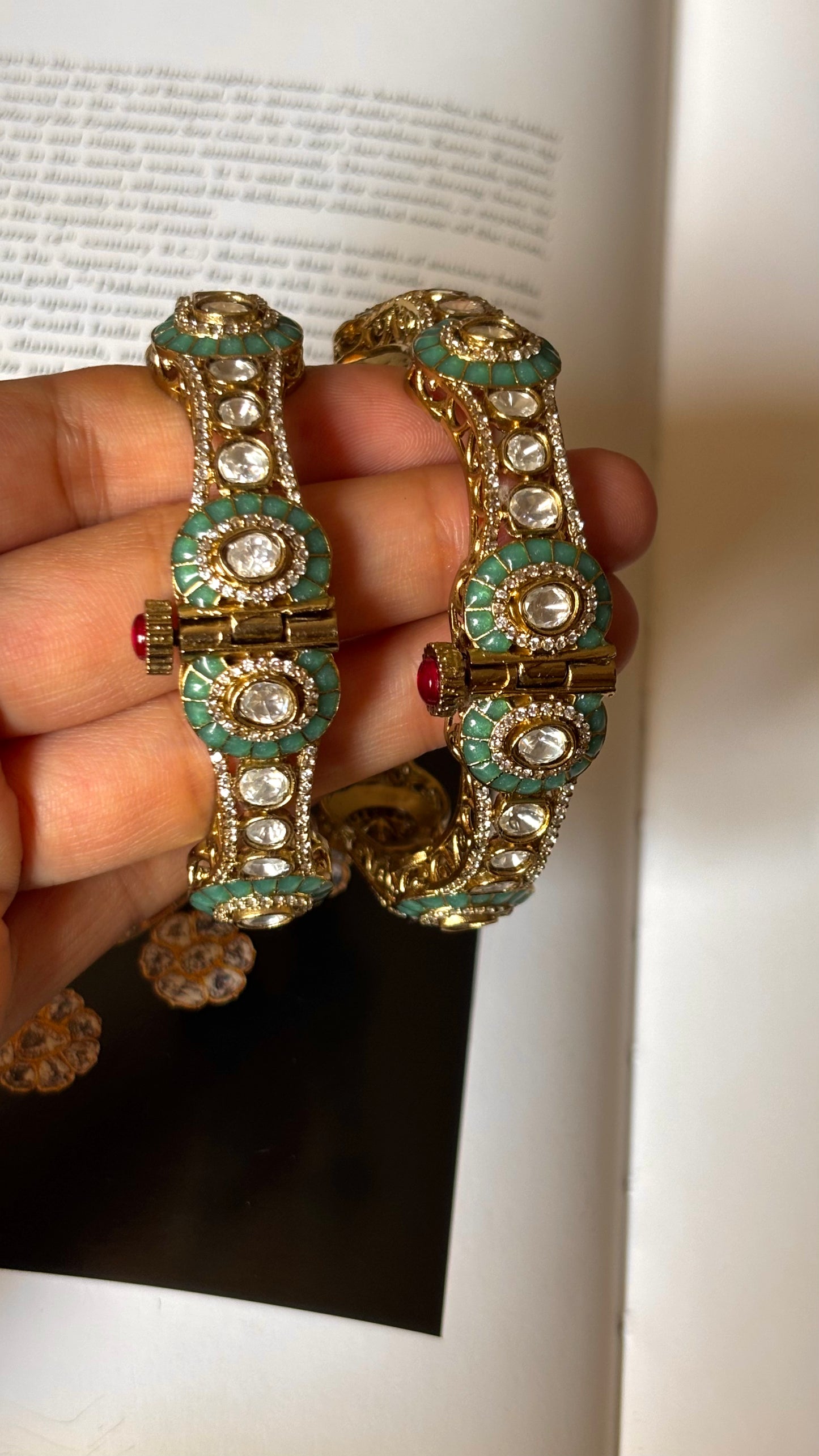 Mint katdana with moissanite polki openable bangles
