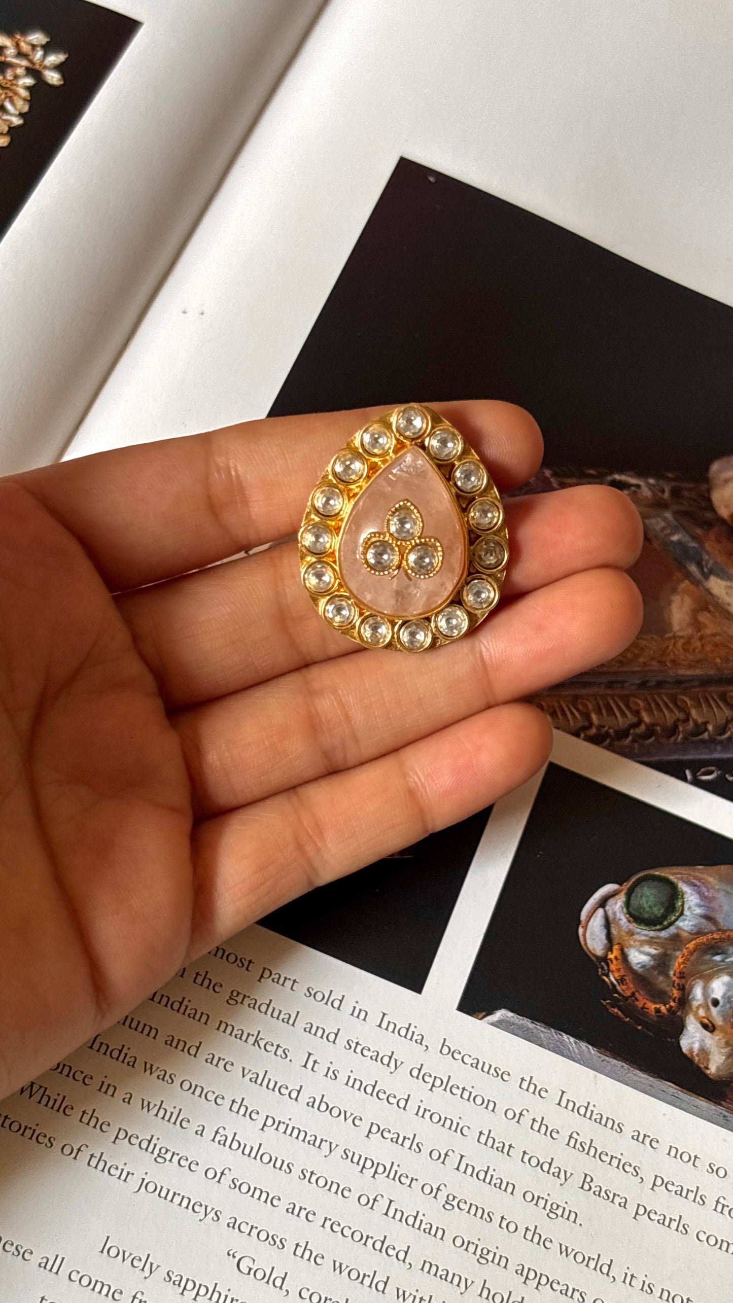 Rose quartz stone carved ring