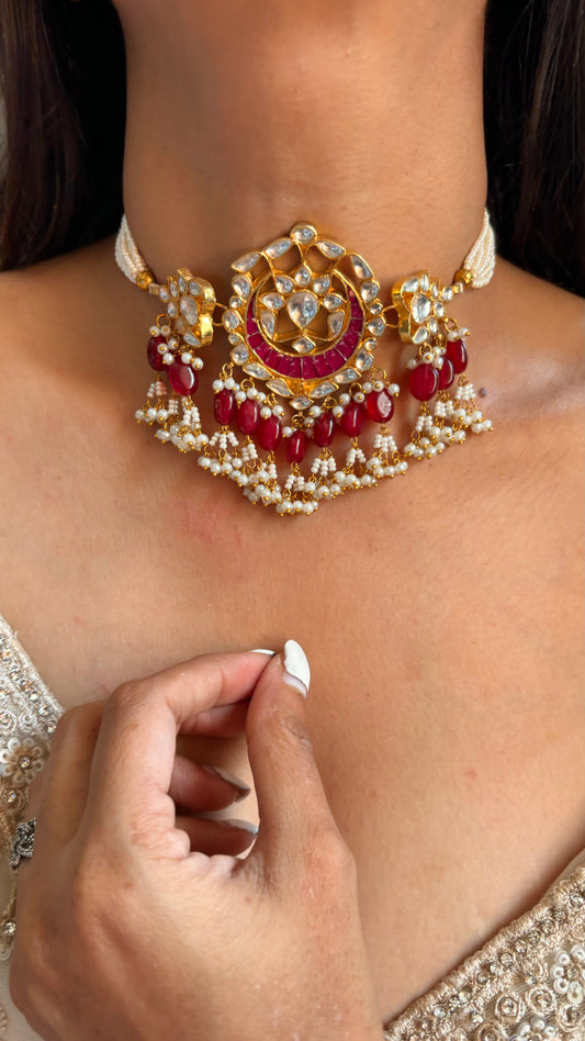 Ruby pachi Kundan choker necklace with earrings