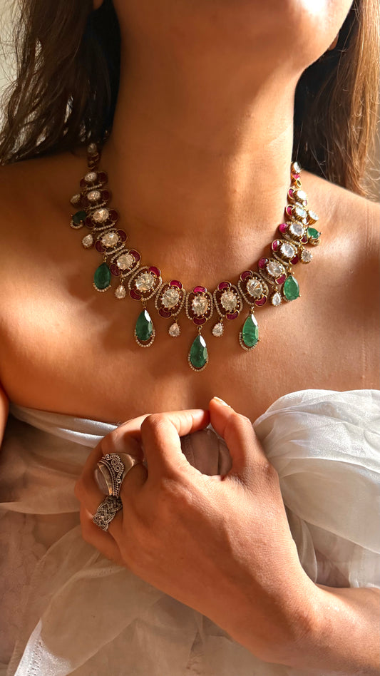 Emerald doublet drop with ruby katdana polki collar set