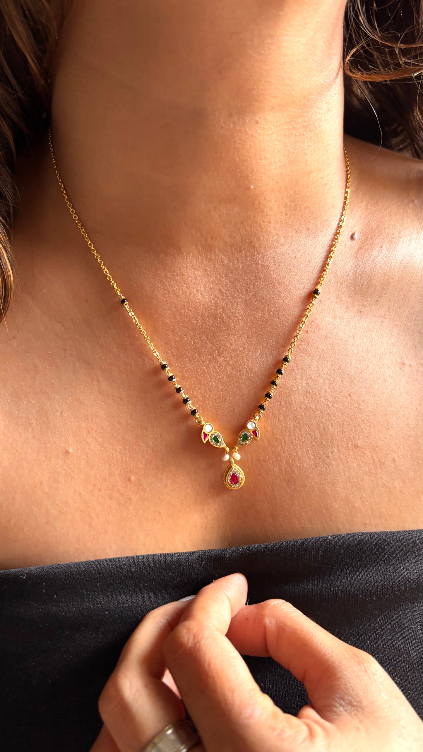 Granite Beaded Mangalsutra with Peacock Pendant & Raw pink stone
