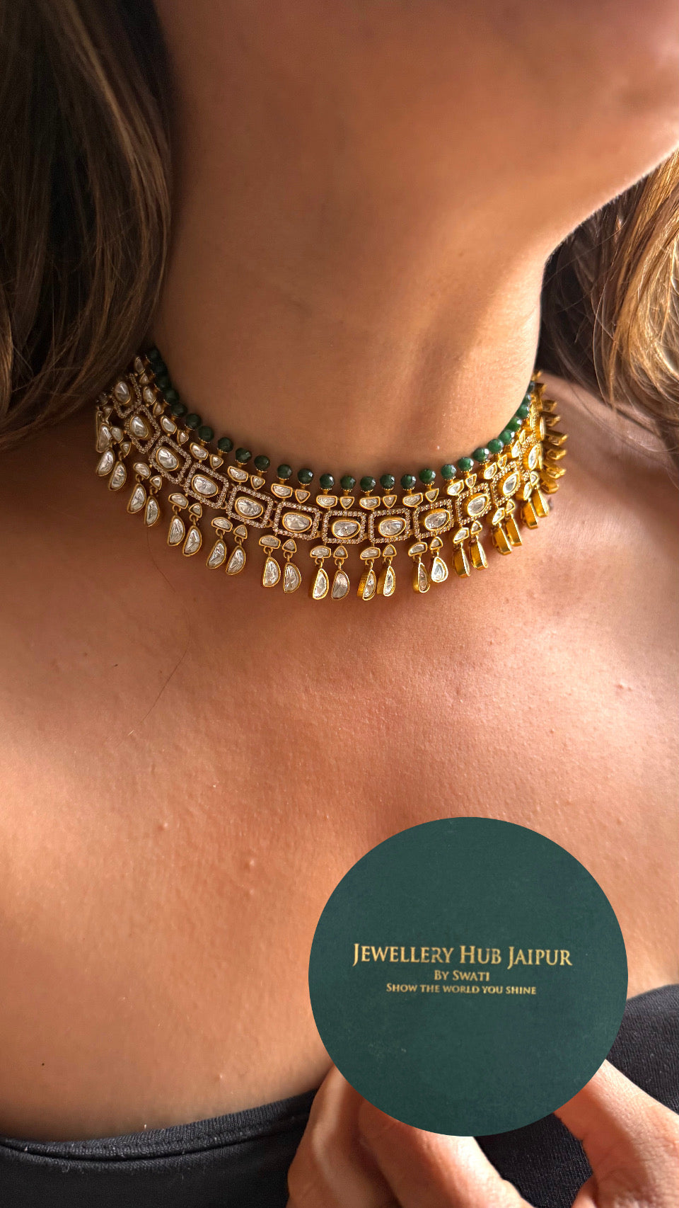 Emerald polki choker necklace