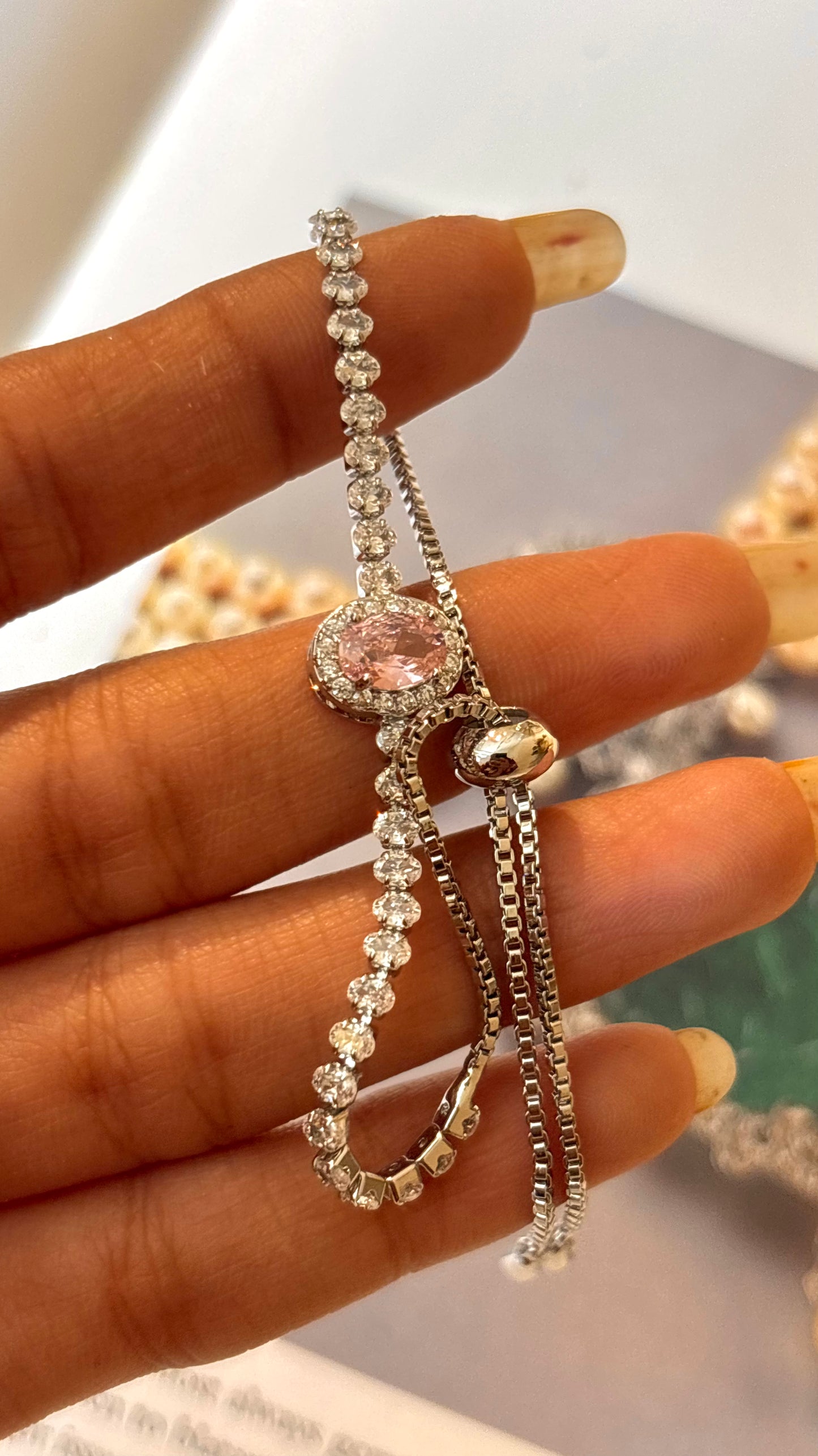 Rose quarts cz diamond adjustable bracelet