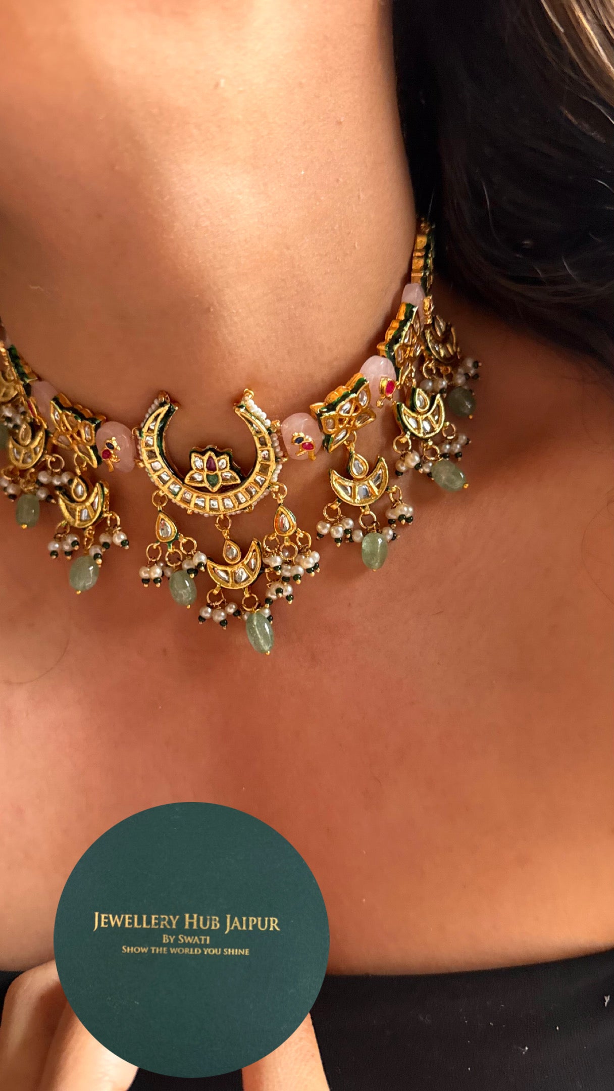 Rose quartz inlay with mint drops meenakari work choker Necklace