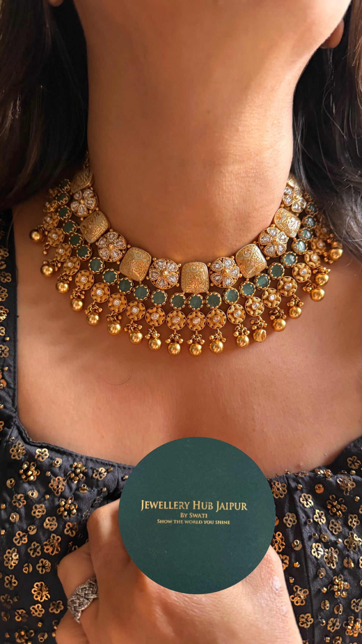Heritage polki mint Meenakari necklace