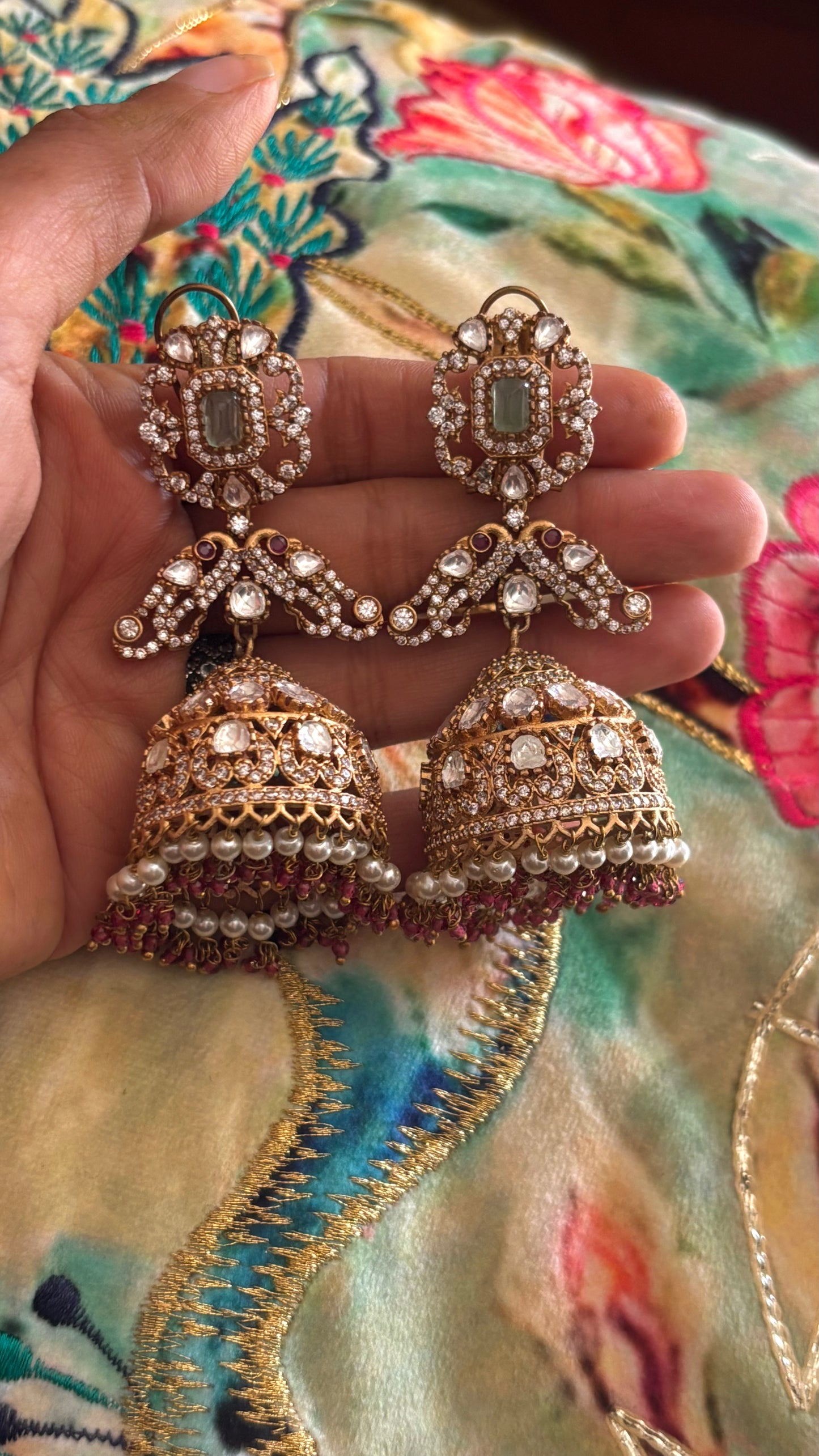Mint  heritage polki Jhumri with pearl drops