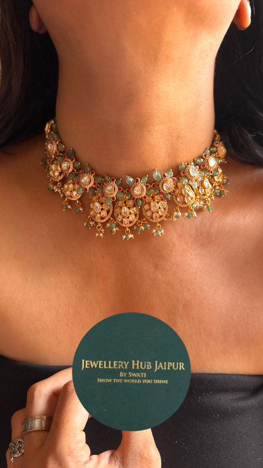 Real  moissanite peeli polki with mint strawberry drops choker necklace