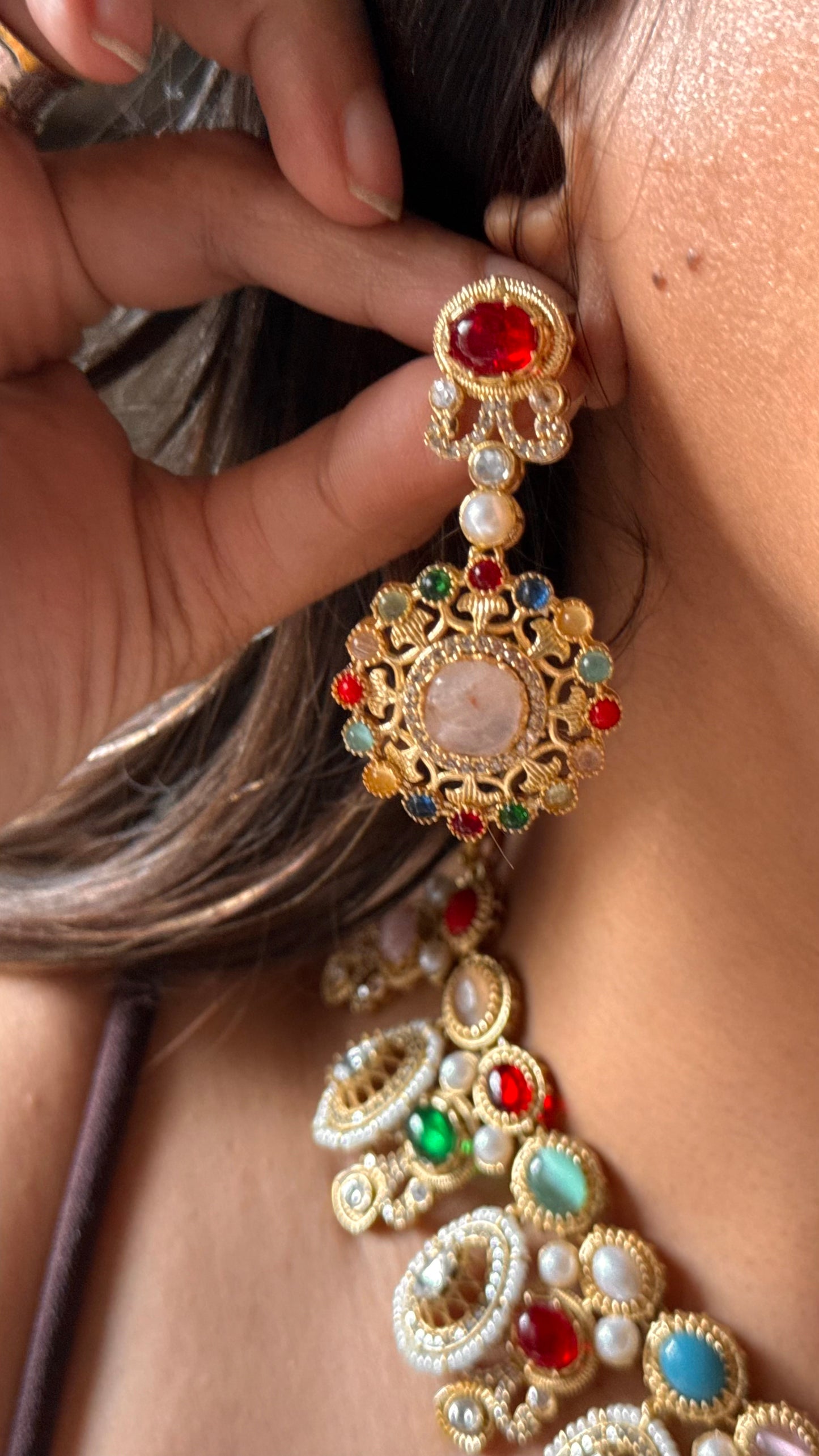 Sabyasachi inspired navratna ( rose quartz ) necklace