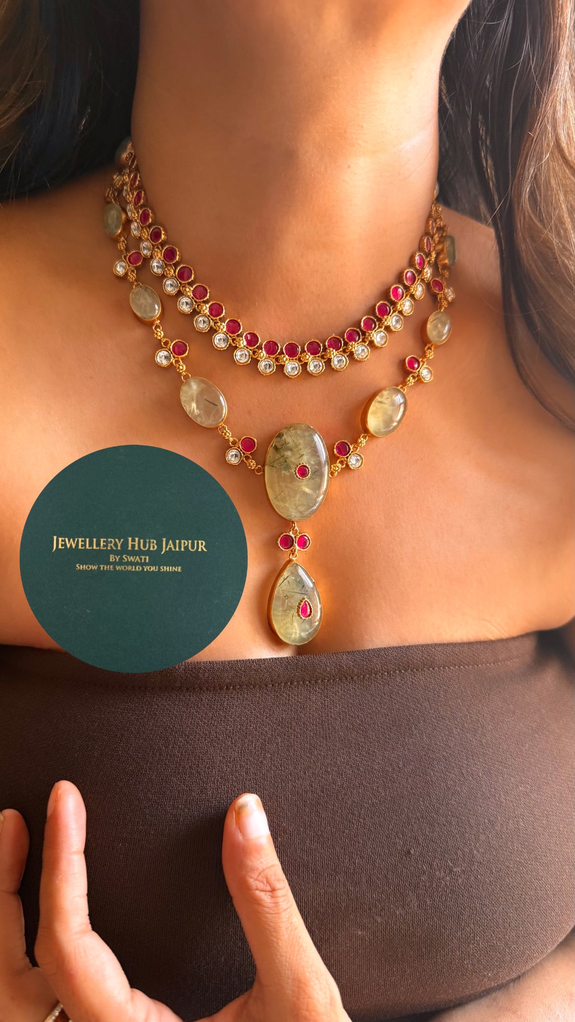 Amrapali inspired Natural stone Mint real  & rani pink moissanite dual layer collar set