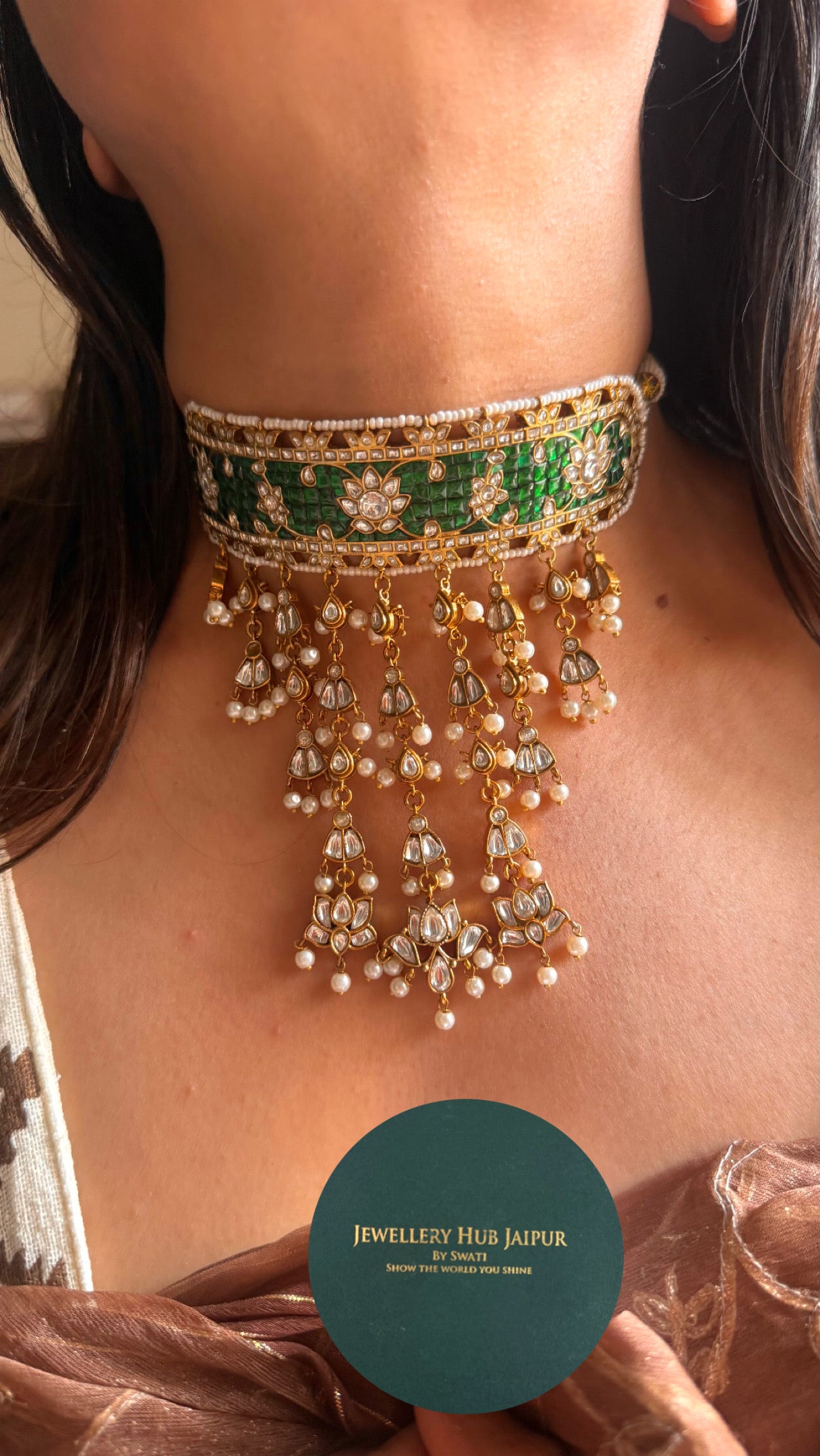 Lotus inspired emerald paachi Kundan choker Necklace set