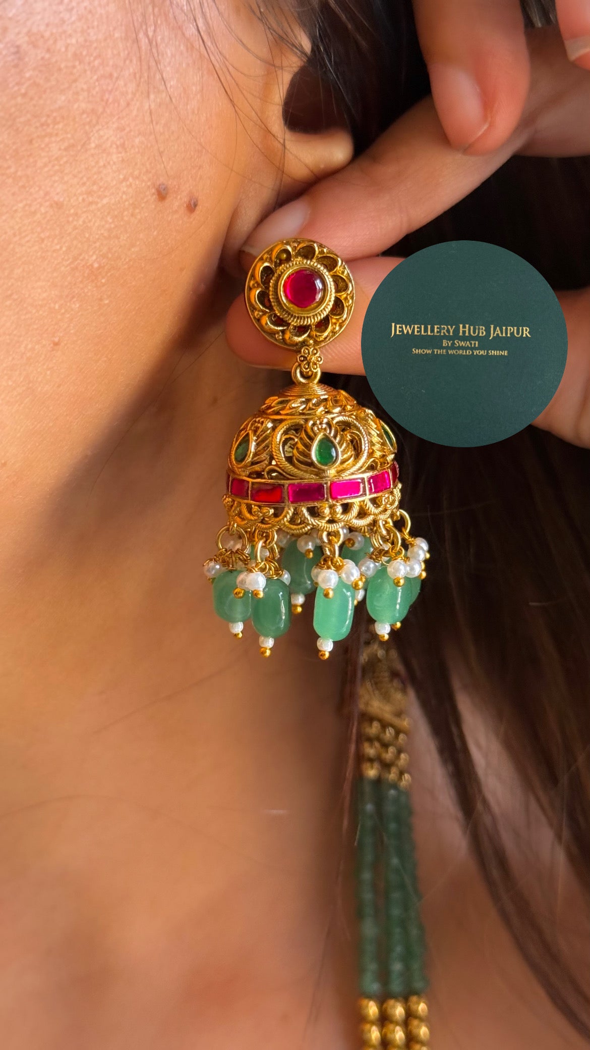 Rani pink & emerald with mint string long necklace set