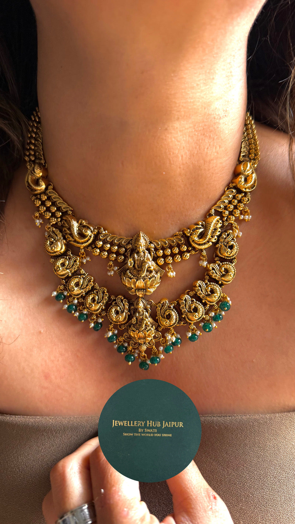 Goddess, Laxmi dual layer necklace with emerald drop detailing