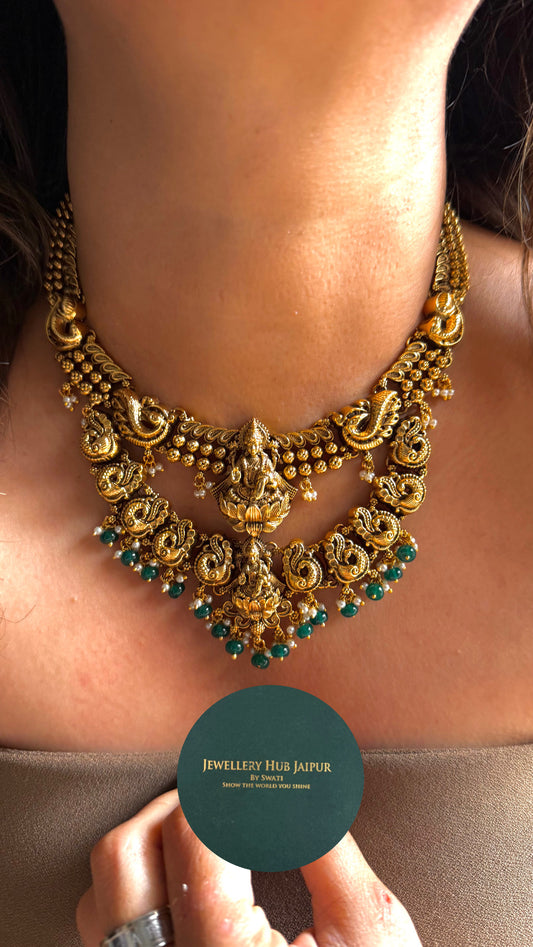 Goddess, Laxmi dual layer necklace with emerald drop detailing