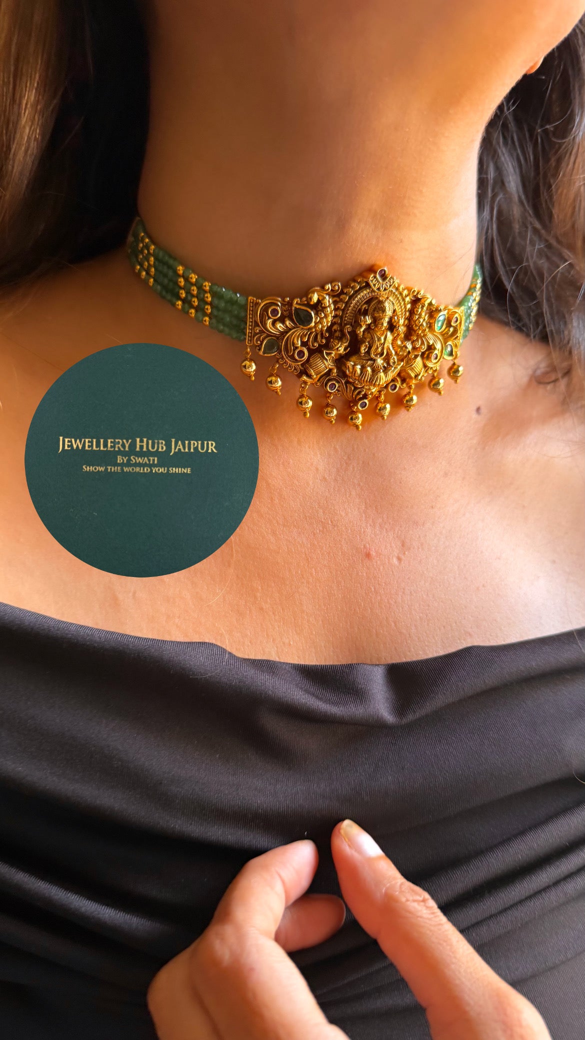 Goddess laxmi & emerald peacock design with mint temple choker set