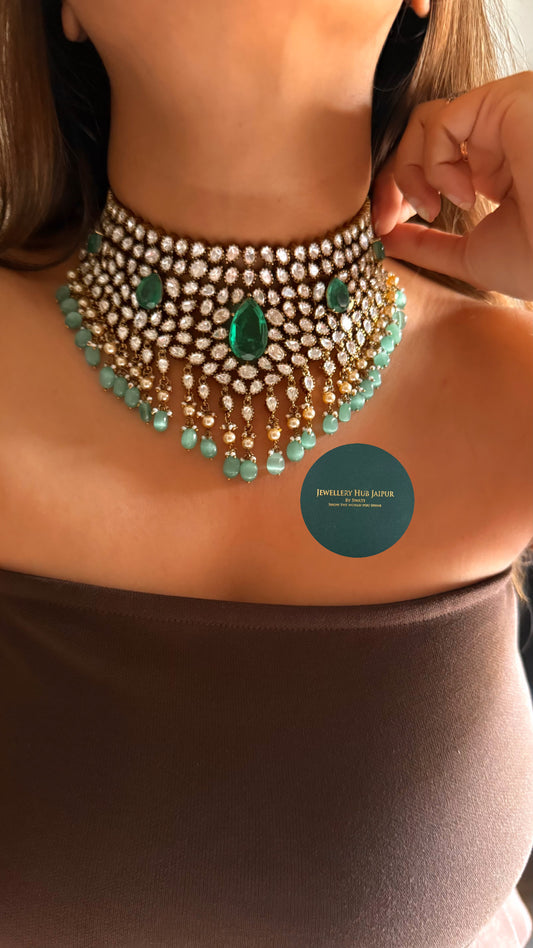 Emerald doublet moissanite polki Victorian choker set