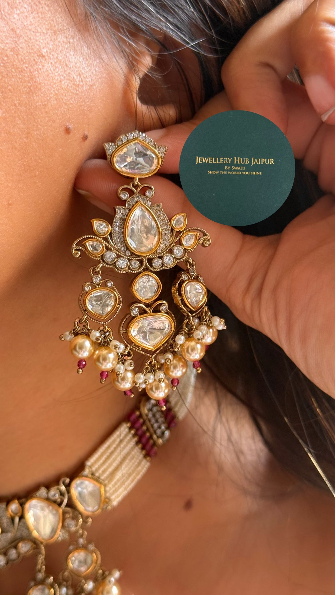 Moissanite polki & rani pink with pearl drop rajwada choker set