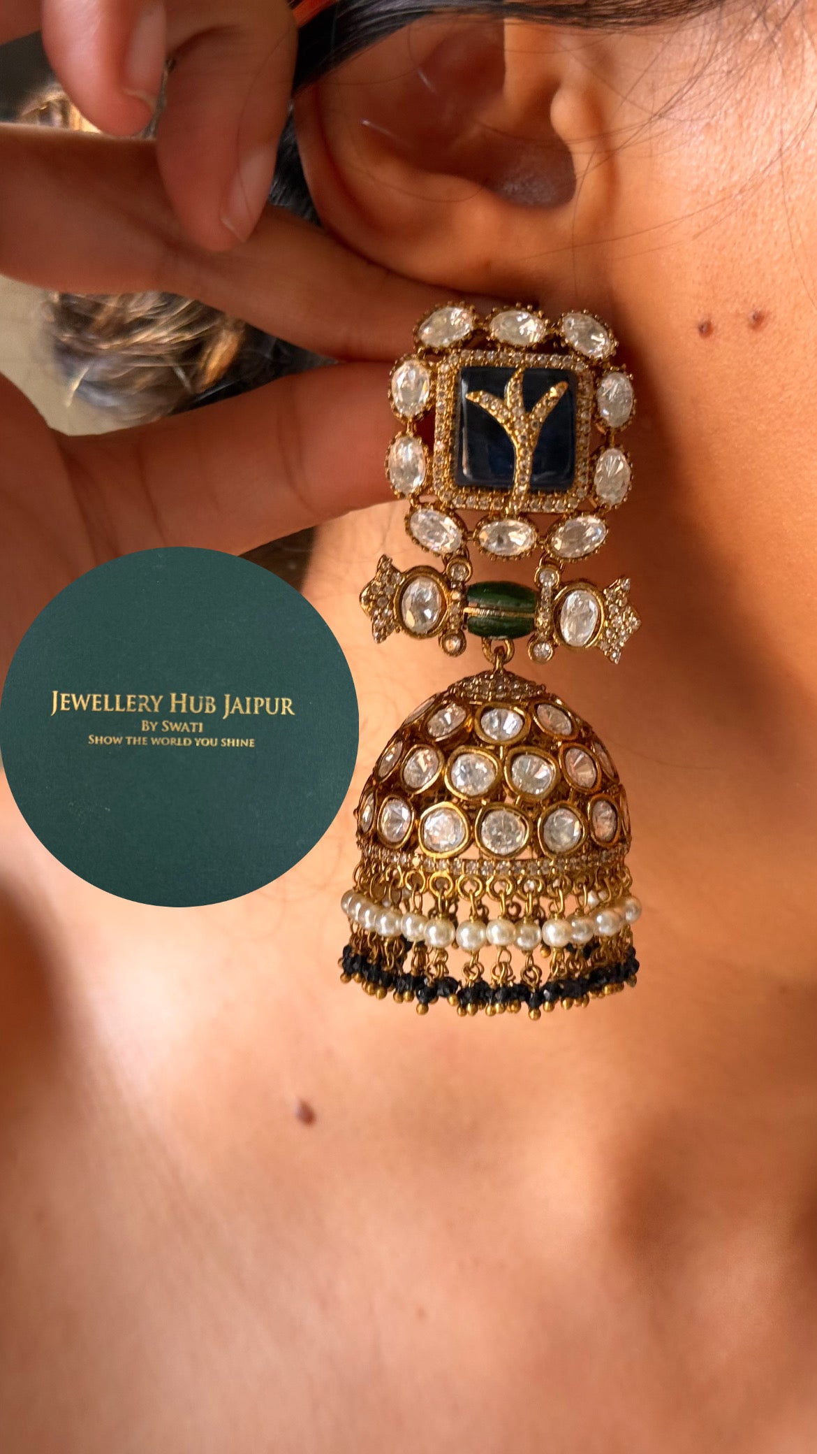 Emerald doublet moissanite polki jhumka