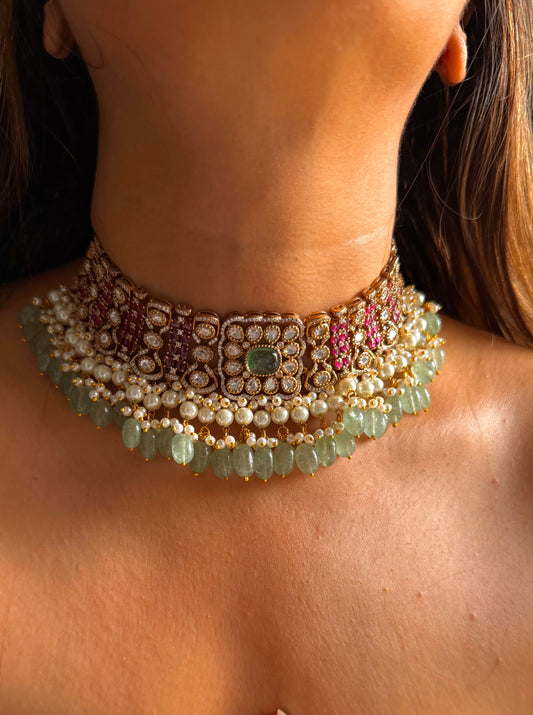 Mint doublet & rani pink moissanite choker set