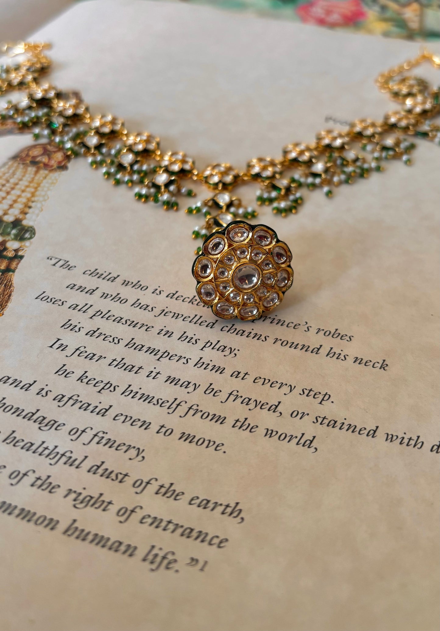 Emerald meenakari polki borla maangtika with mathapatti