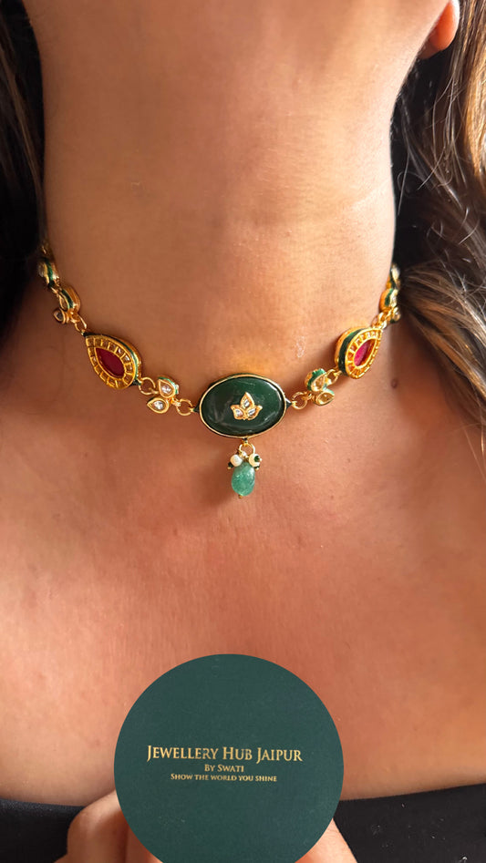 Emerald inlay with ruby meenakari & mint drops minimalist Necklace