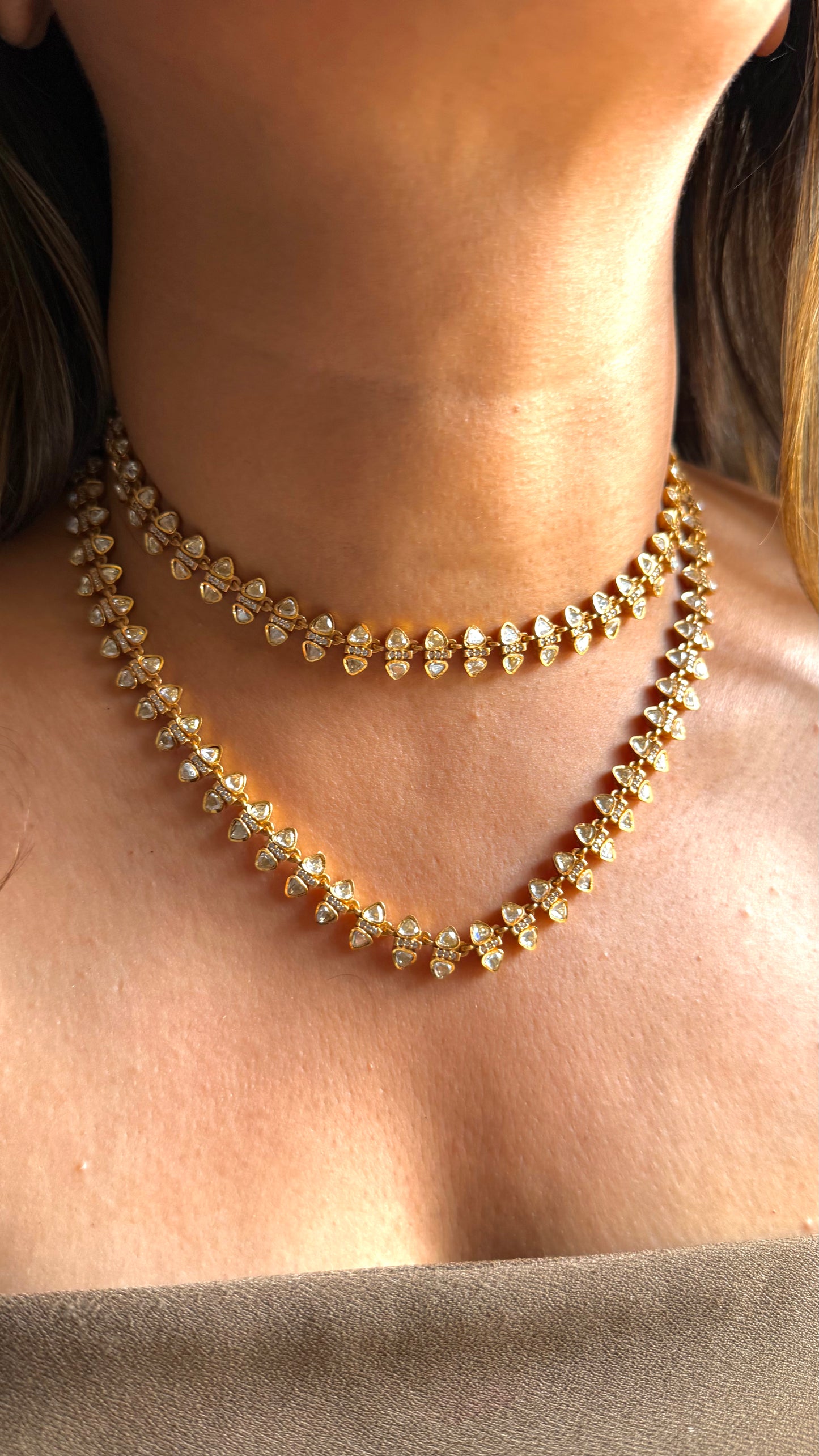 Real moissanite LV shade Polki dual line necklace set
