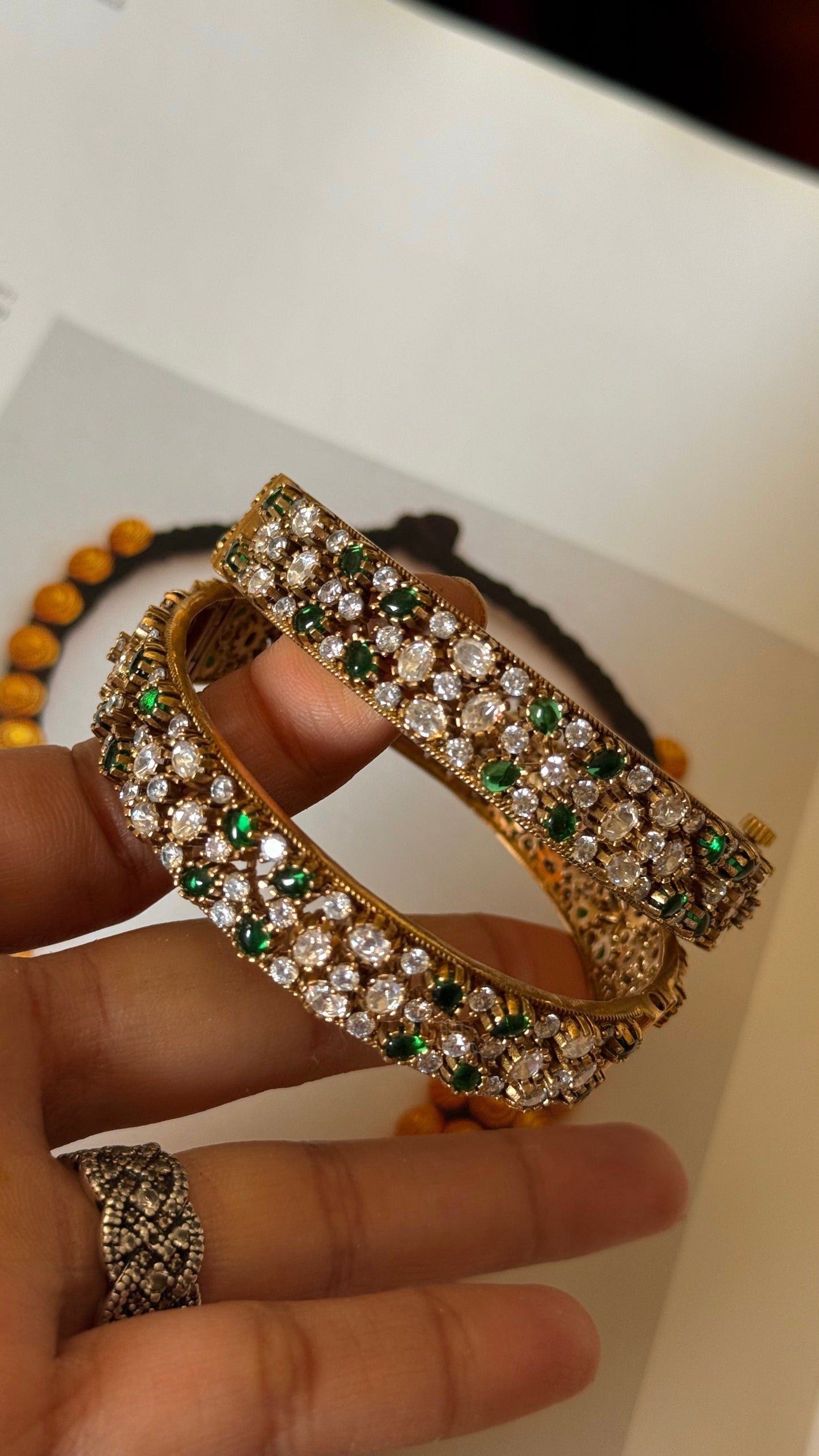 Real moissanite with emerald polki Bangles