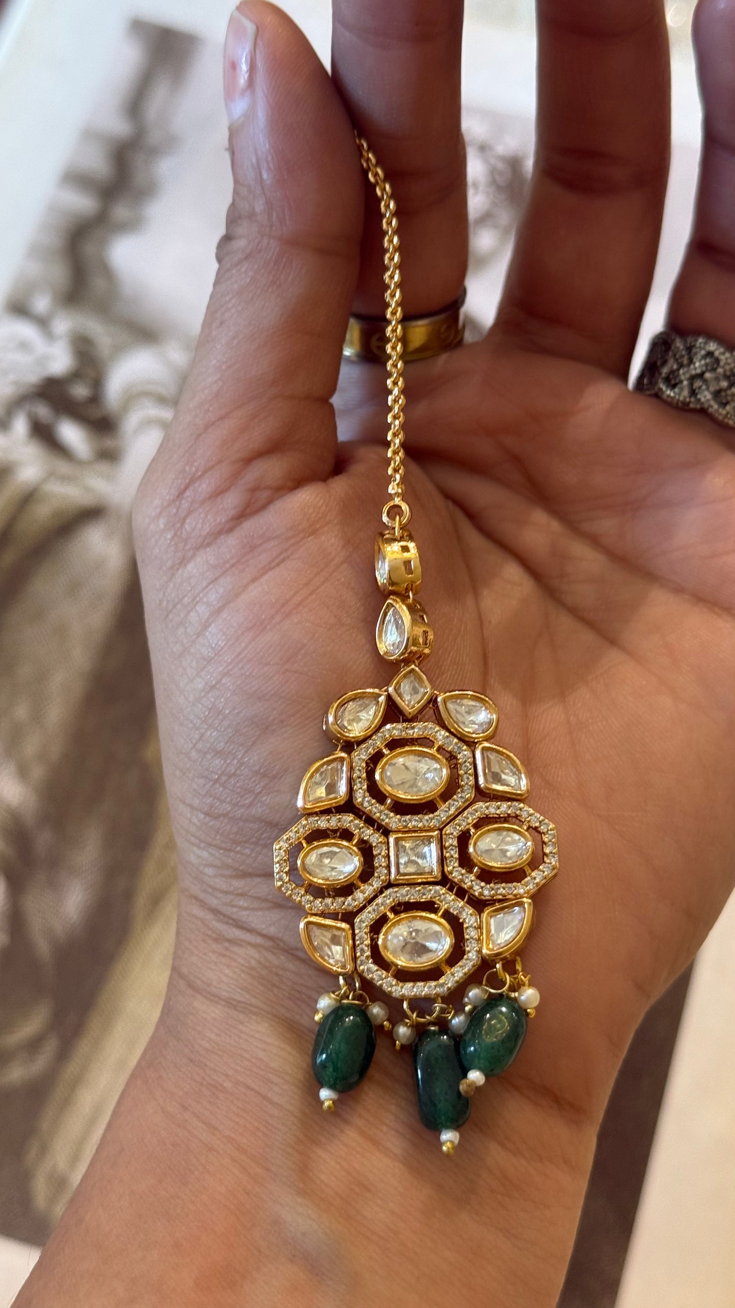 Polki maangtika with emerald drop