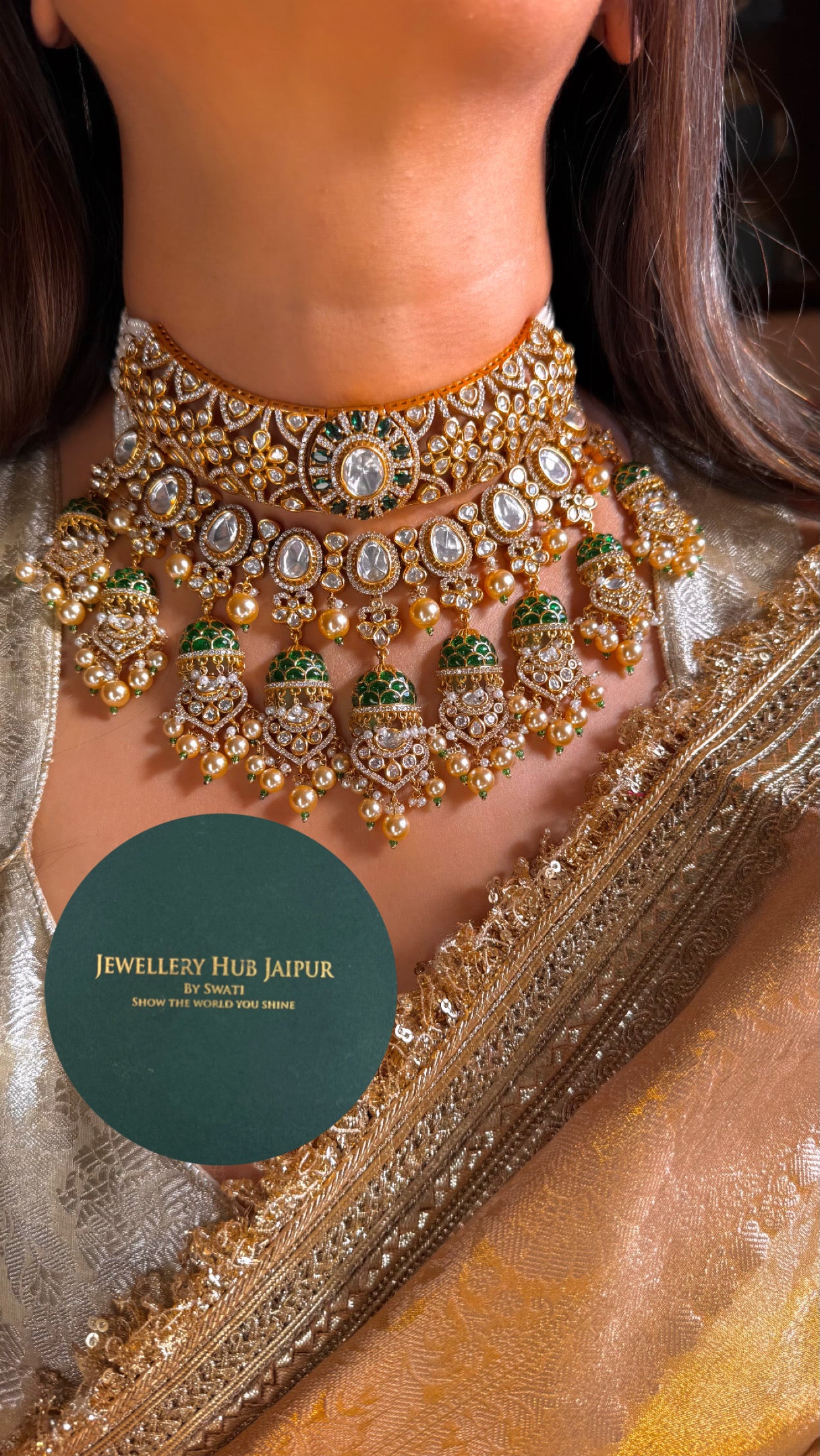 Emerald dual layer real Moissanite takkar work bridal choker