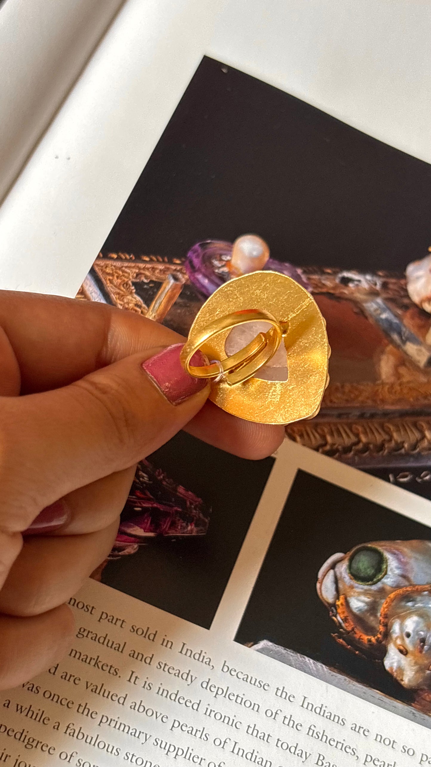 Rose quartz stone carved ring