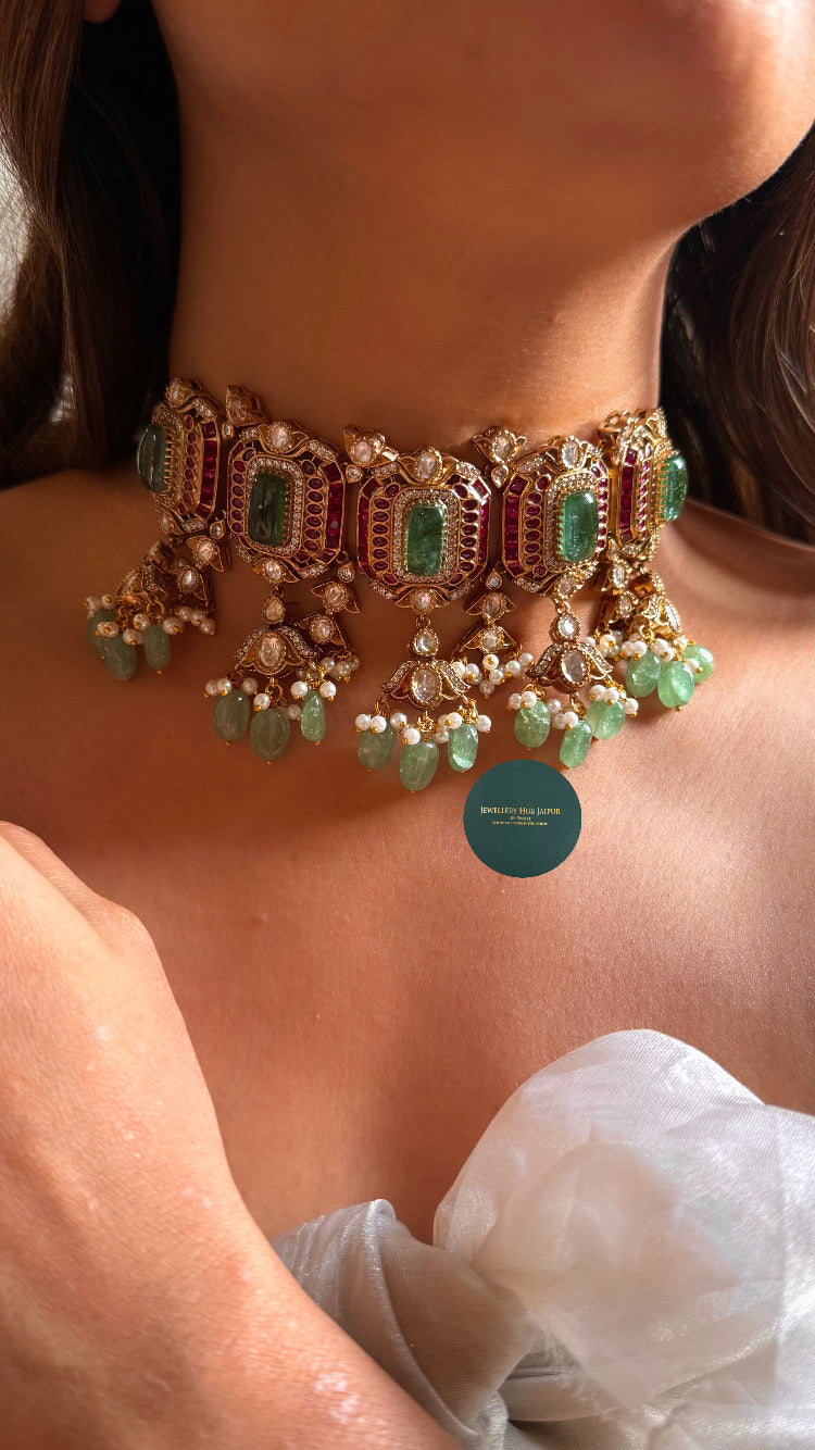 Mint doublet & Rani pink with mint drops Choker set