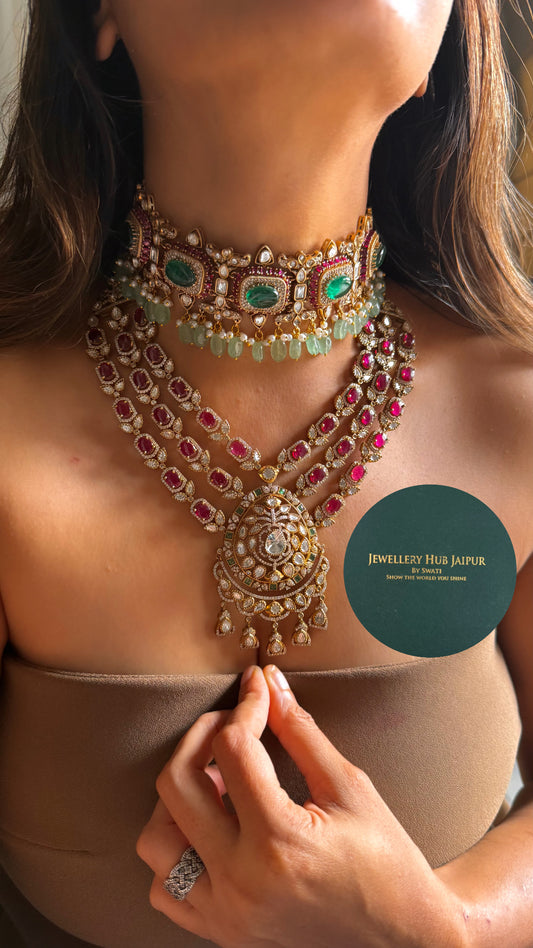 Mint doublet & rani pink moissanite bridal set
