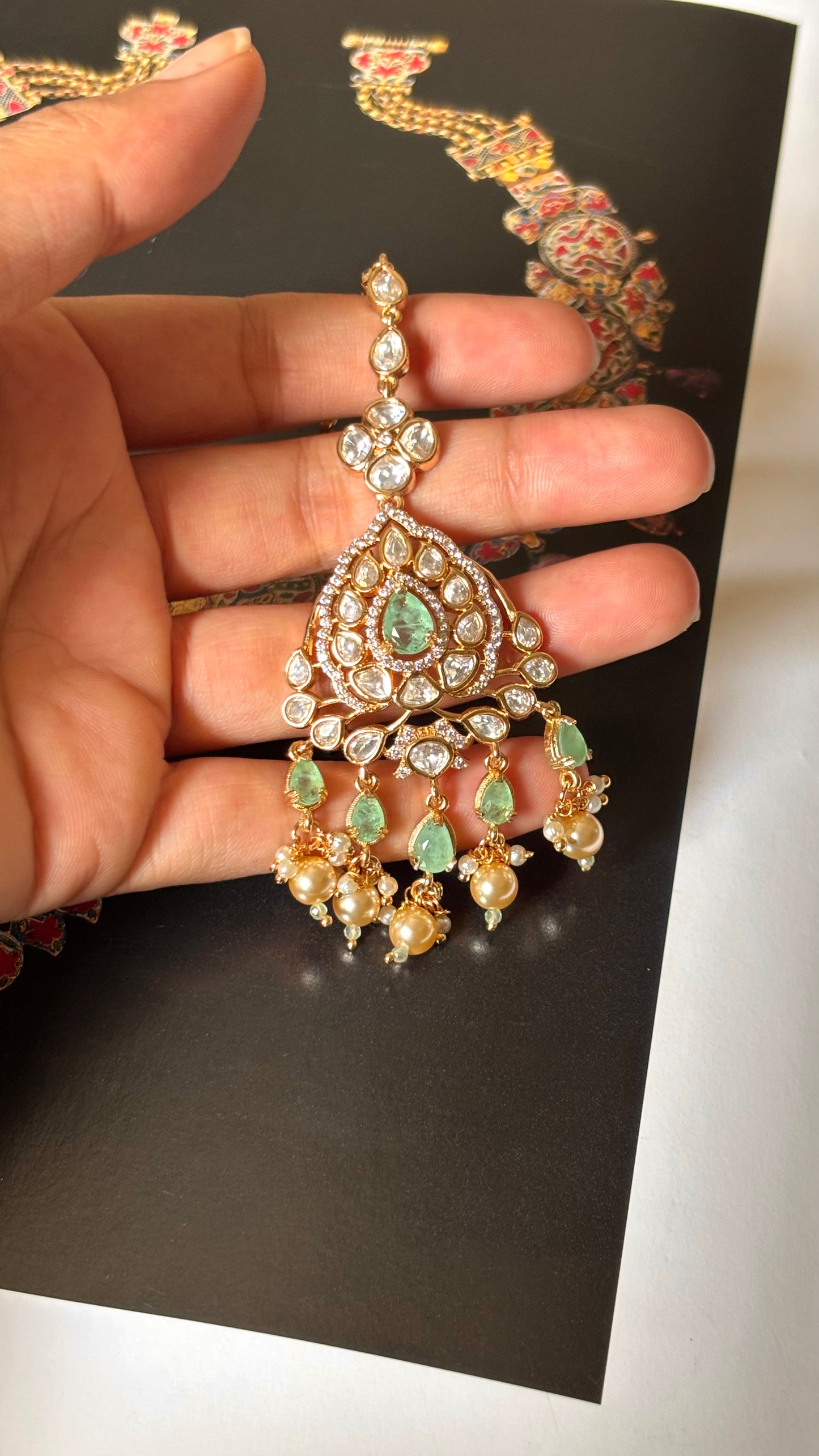 Mint doublets & moissanite polki necklace with maangtika