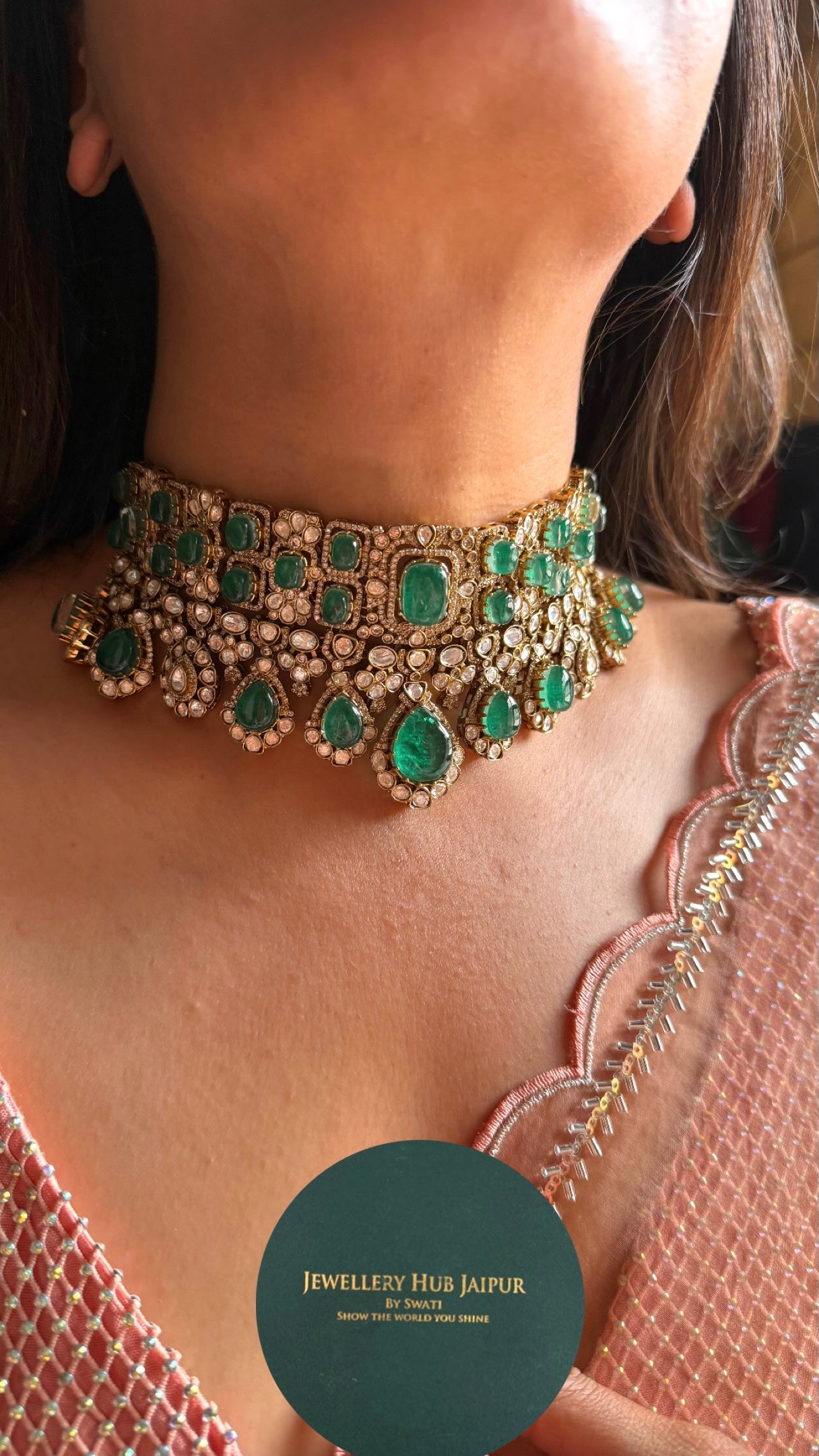 Emerald doublet moissanite polki choker set
