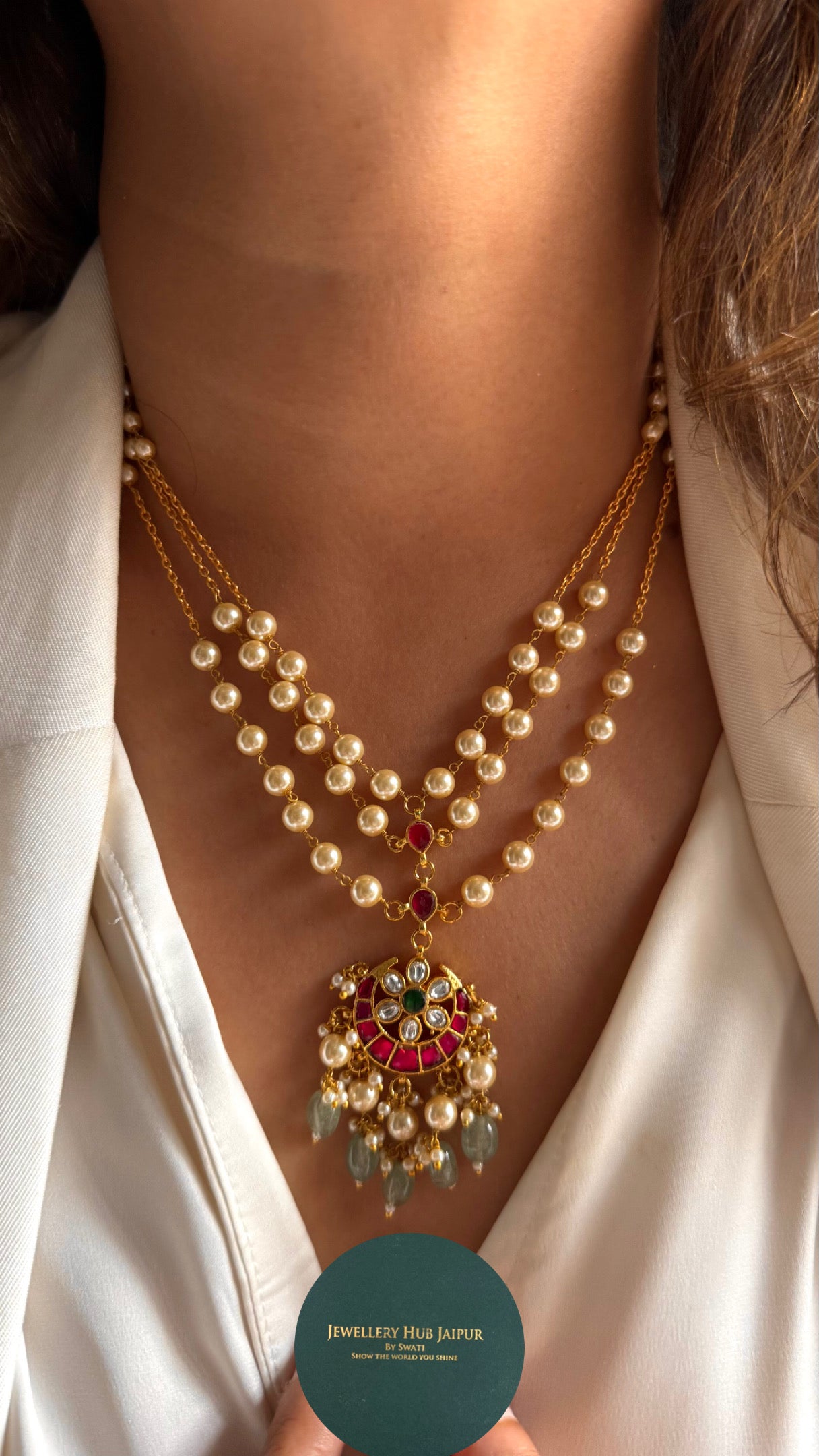 Emerald & rani pink pendant with pearl detailing triple layer necklace