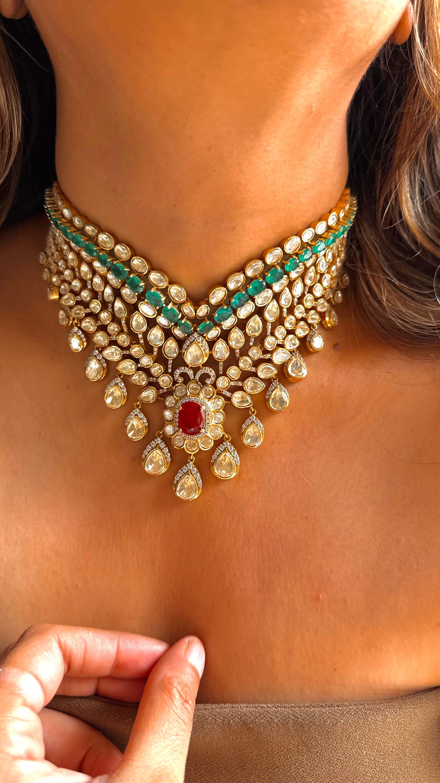 Peeli polki Ruby & Emerald designer Necklace