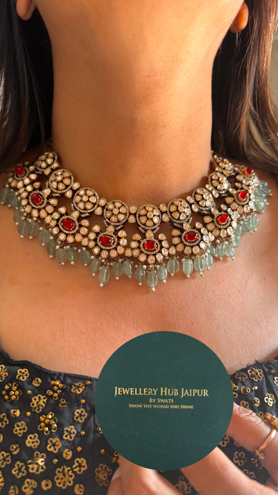 Ruby & mint drop peeli polka floral moissanite necklace