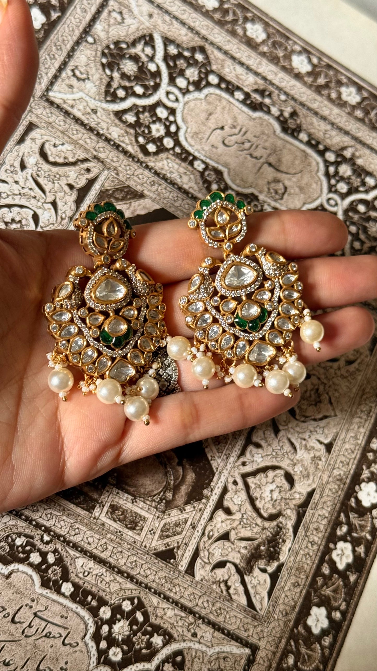 Emerald katdana moissanite with pearl drop earrings