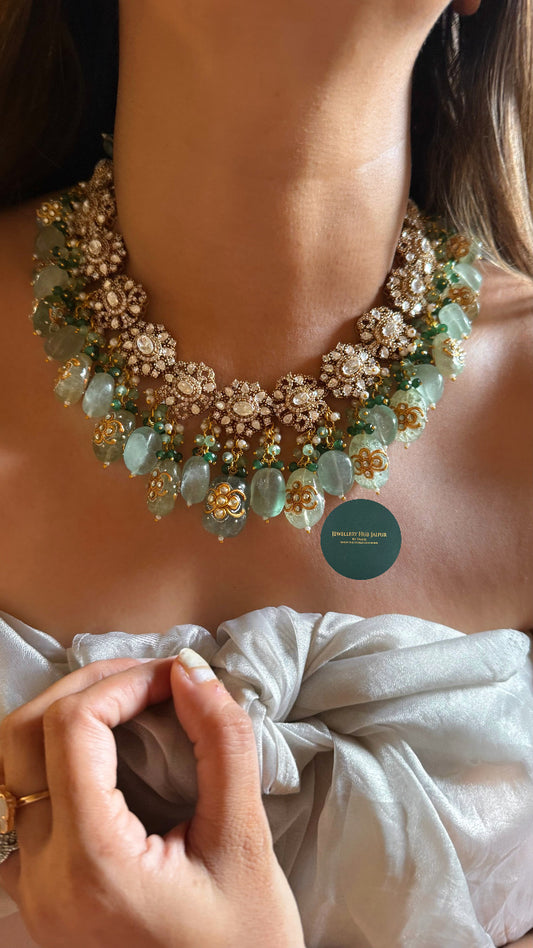Moissanite polki with mint drops inlay carving collar set
