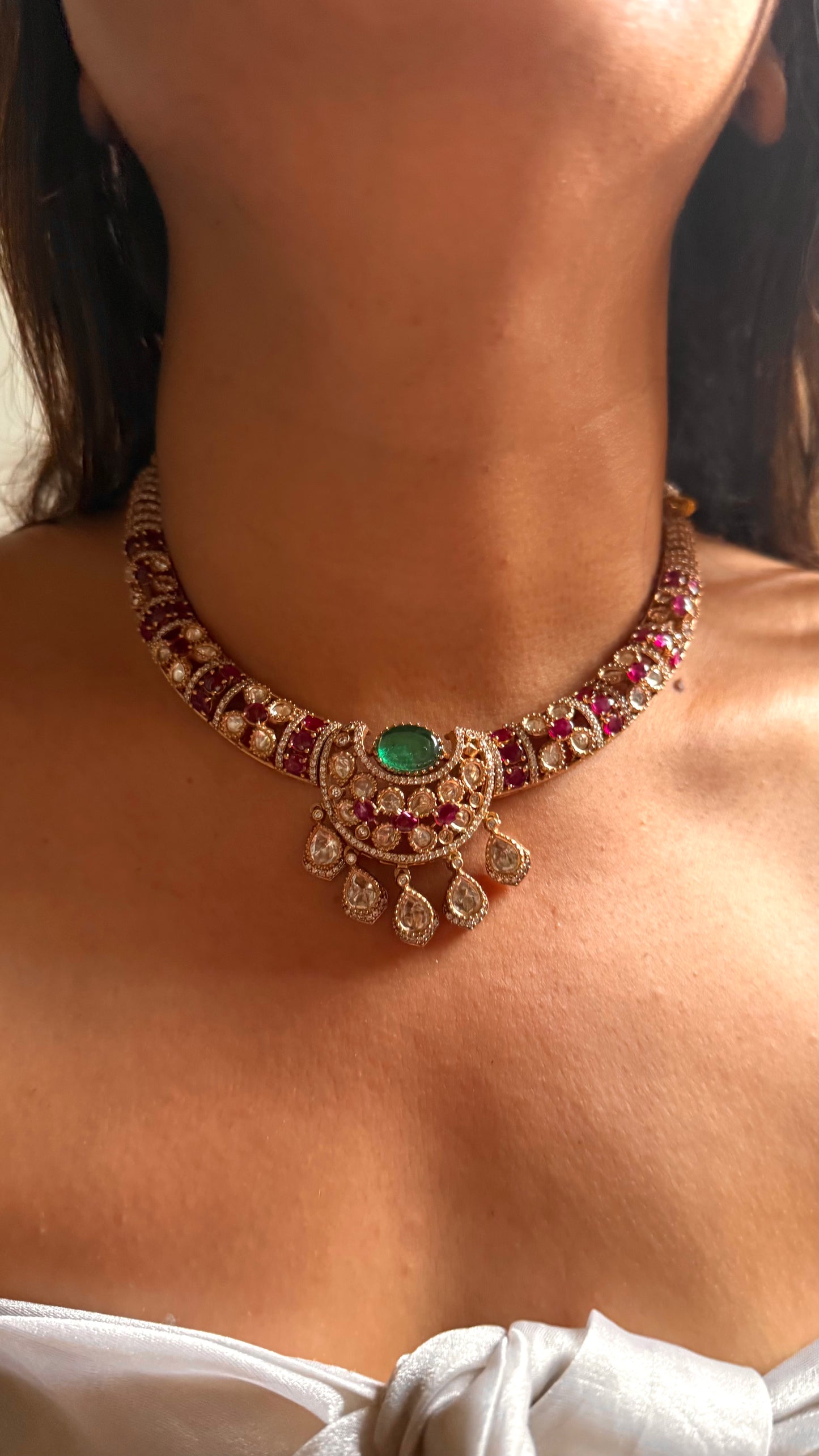Emerald doublet & rani pink moissanite collar set