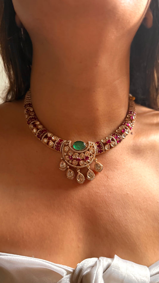 Emerald doublet & rani pink moissanite collar set