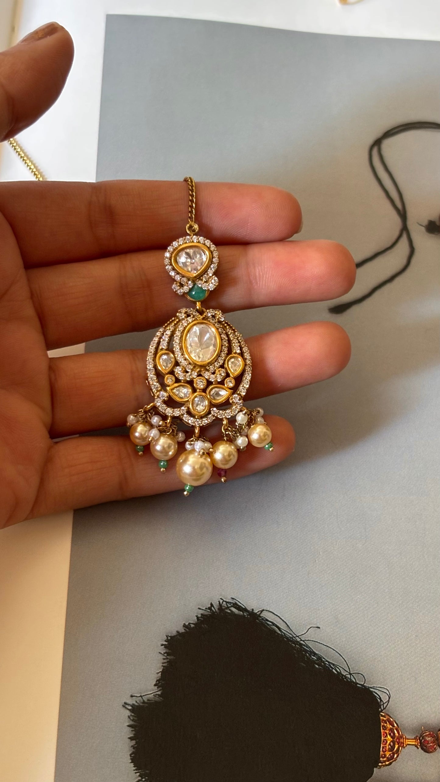Mint real Moissanite with drops maangtika