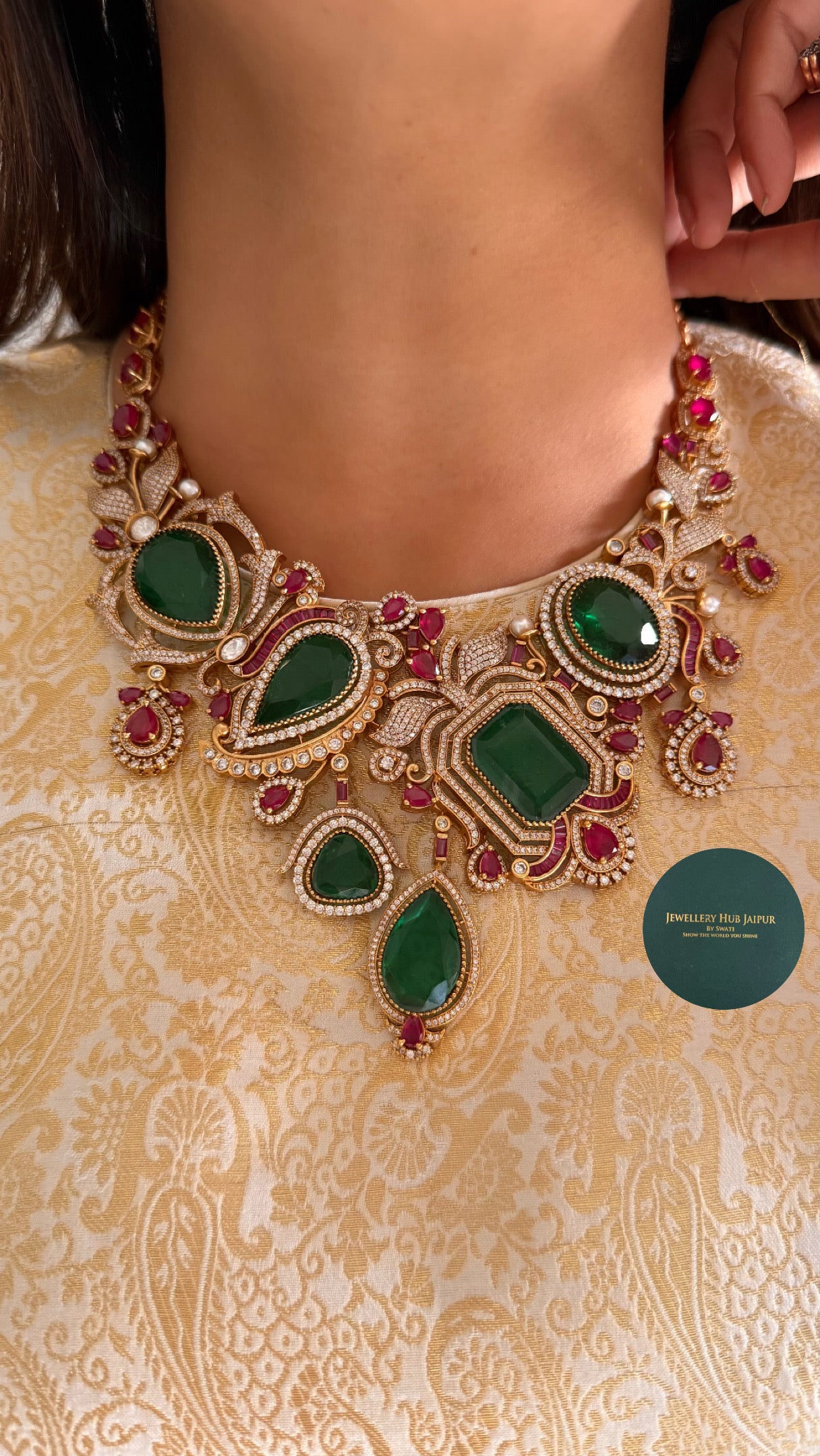 Ruby takkar & emerald doublet collar necklace