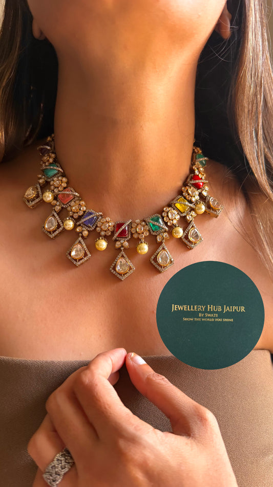 Navratna doublet moissanite polki collar set