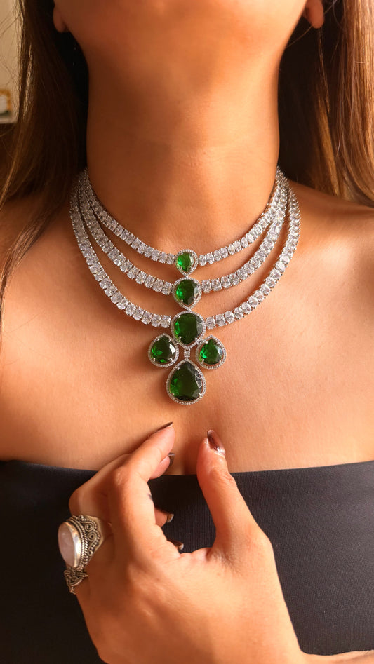 Emerald triple layer cz diamond necklace