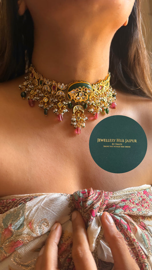 Emerald inlay work & emerald meenakari paachi choker set