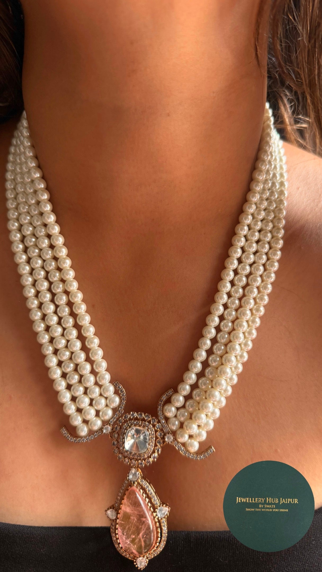 Rose quartz doublets with pearl detailing Necklace