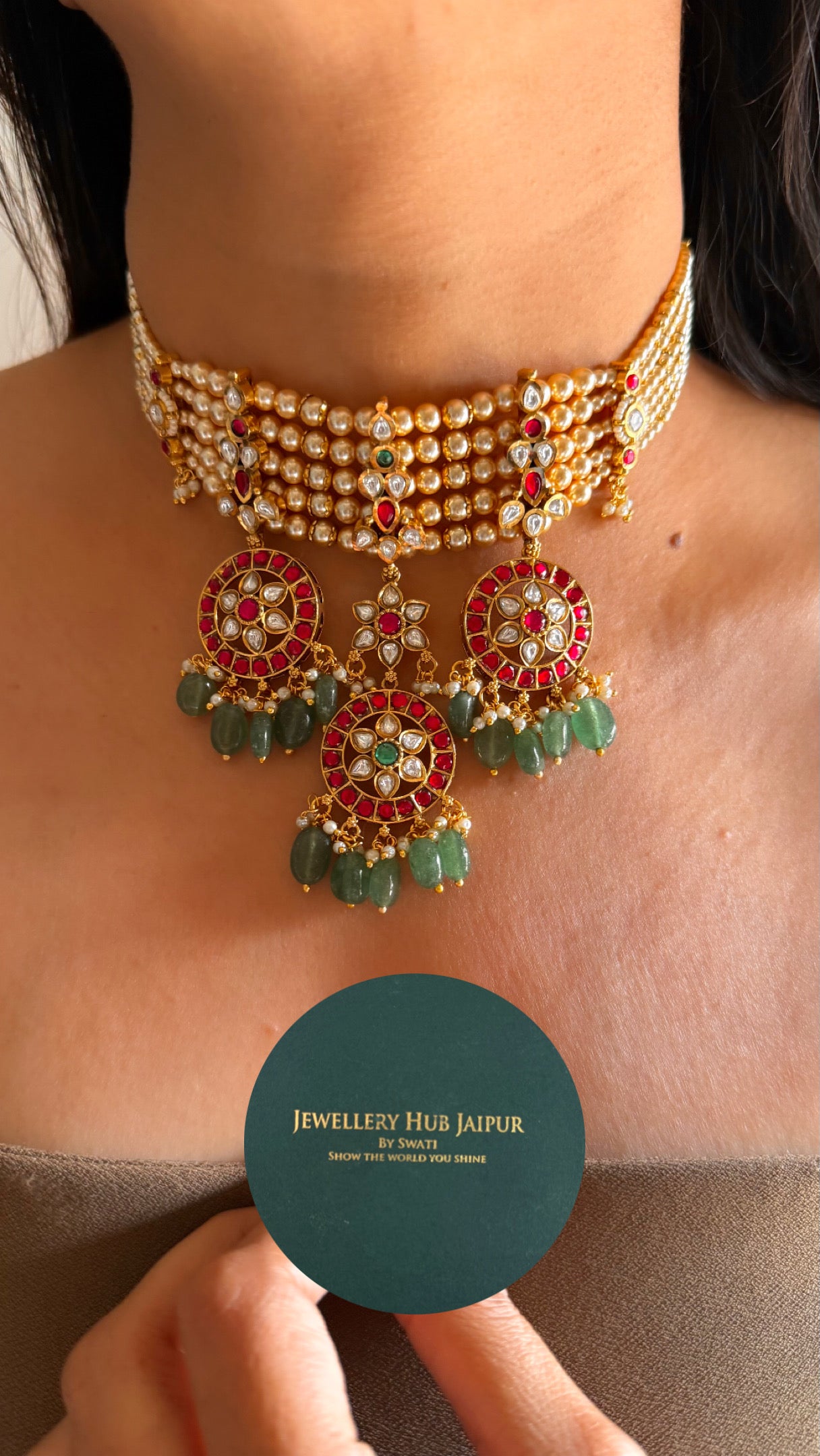 Rani pink ruby with mint drops rajwada choker Necklace